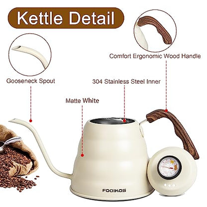 Tea Kettle gooseneck with Thermometer for Pour Over Coffee & Tea, 42 fl oz, Premium Stainless Steel, Accurate Temperature Control, Ideal Spout for Precision Pouring, Compatible with all Stovetop - color: White