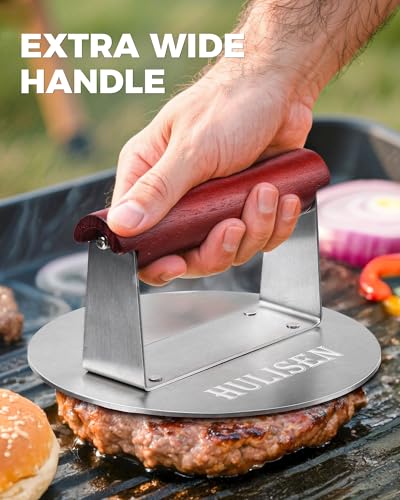 HULISEN 6.2" Stainless Steel Smashed Burger Press with Extra Wide Heat-Resistant Wood Handle, Burger Smasher for Flat Top Griddle, Grill, Skillet, Cast Iron Pan, Hamburger Cooking Accessories - size: 6.2 inch with Wood Handle