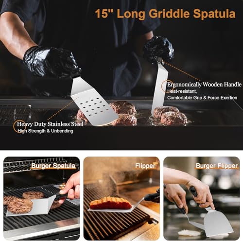 35PCS Griddle Accessories Kit, Leonyo Flat Top Grill Accessories, Grill Tools with Griddle Spatulas, Smash Burger Press, Basting Cover, Scraper for Outdoor BBQ Teppanyaki Hibachi Cooking - style: Round Bacon Press