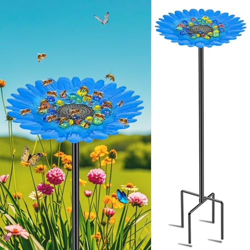 Bee Watering Station Feeder, Metal Butterfly Water Feeder with 30 Colorful Glass Marbles, Bee Waterer Feeder for Butterfly Bird Garden Outdoor Decors (Blue Chrysanthemum) - style: Blue Chrysanthemum