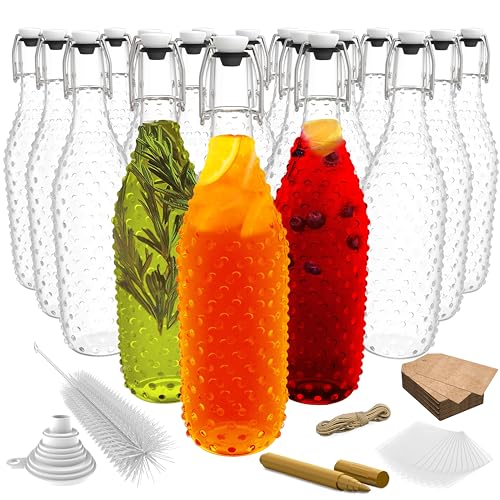 Nevlers 33 Oz Dotted Flip Top Glass Bottle with Stopper 18 Pack Bundle | Swing Top Bottles with Stoppers , Shrink Wrap, Brush, Funnel, Marker & Tags| 1 Liter Glass Bottle with Lid | Flip Top Bottles - size: 18 Pack, style: Dotted