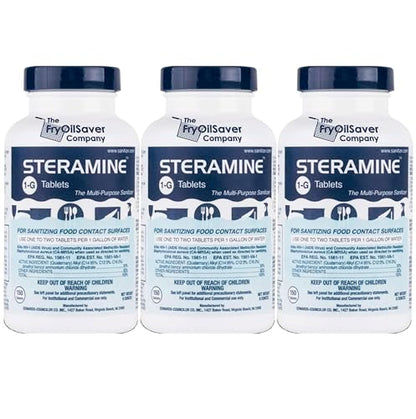 Steramine Quaternary Sanitizing Tablets (450 Count) - Commercial Sanitizer Tablets for Food-Contact Surfaces, Kitchen & Food Service - No-Rinse Dish Sanitizer Sanitabs - 150-Count/Bottle, 3-Pack