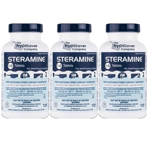 Steramine Quaternary Sanitizing Tablets (450 Count) - Commercial Sanitizer Tablets for Food-Contact Surfaces, Kitchen & Food Service - No-Rinse Dish Sanitizer Sanitabs - 150-Count/Bottle, 3-Pack
