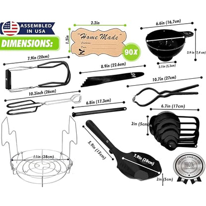 Supa Ant Complete Canning Supplies Starter Kit – 10pc Food-Grade Steel Set with XL Ladle, 6 Measuring Cups, Jar Lifter, Funnel, Canning Rack (7-Jar Capacity) & 90 Labels – Beginner-Friendly, Black - color: Black
