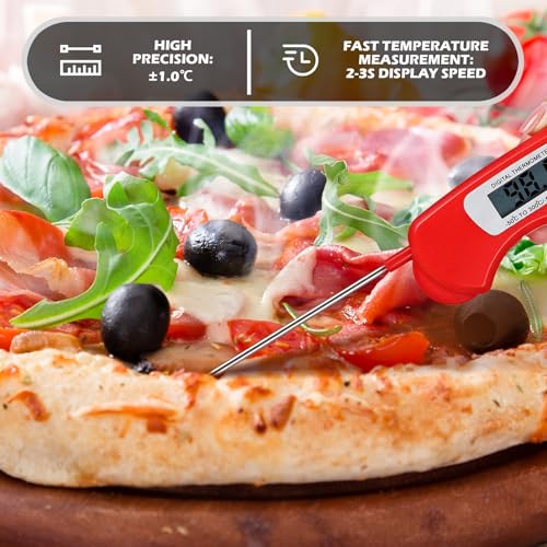 Xuhal 12 Pcs Digital Meat Thermometer with Probe Waterproof Instant Read Foldable Food Thermometer with Magnet for Kitchen Grilling Cooking Turkey Baking BBQ(Red) - color: Red