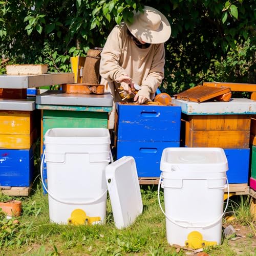 Baderke 3 Pack Plastic Honey Bucket with Gate 5 Gallon Bucket with Spigot Yellow Extractor Equipment Square Honey Bottles Beekeeping Harvesting Tool Beekeeping Supplies