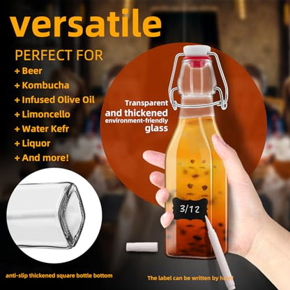 4 Pack 8oz Square Swing Top Glass Bottles, 250ML Bottles with Airtight Stoppers for Kombucha, Kefir, Vanilla Extract, Beer(Bonus Gaskets, Labels and Funnel