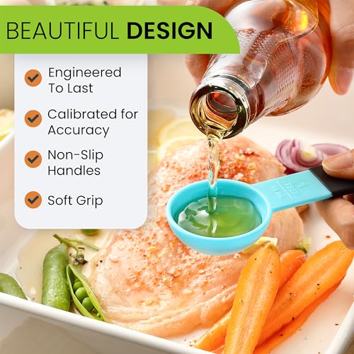 Spring Chef Magnetic Measuring Cups and Spoons Set of 9, Nesting Plastic Kitchen Tool with Easy to Read Markings - Measure Dry or Liquid Ingredient, BPA Free, Aqua Sky - color: Blue (Aqua Sky)