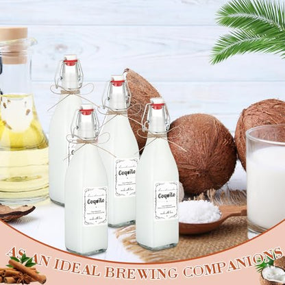 DoubleFill 8 Set Coquito Swing Top Glass Bottles 16 Oz Flip Top Brewing Bottles with Coquito Stickers Wine Airtight Caps for Home Party Milk Eggnog Kefir(Stylish) - style: Stylish