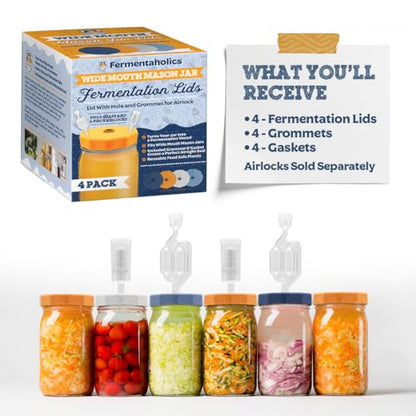 Wide Mouth Mason Jar Fermentation Lids - Turns Your Jar Into A Fermentation Vessel - Lid With Hole & Grommet For Airlock - Fits Wide Mouth Mason Jars - AIRLOCKS SOLD SEPARATELY. - style: 4 Lids - No Airlocks