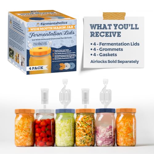 Wide Mouth Mason Jar Fermentation Lids - Turns Your Jar Into A Fermentation Vessel - Lid With Hole & Grommet For Airlock - Fits Wide Mouth Mason Jars - AIRLOCKS SOLD SEPARATELY. - style: 4 Lids - No Airlocks