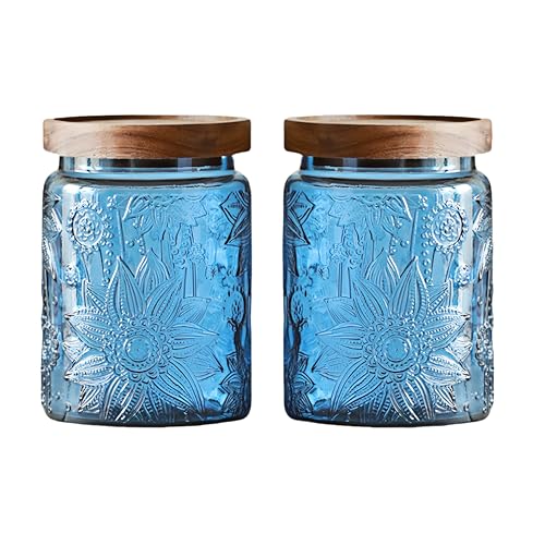 Set of 2 Vintage Blue Glass Storage Jars, 23.7 oz Mason Jars with Lids for Kitchen Pantry, Candy, Flour, Coffee, Pet Food, Decorative Kitchen & Home Decor (Blue, 2 Pack) - color: Blue 2, size: 23.7 Ounces
