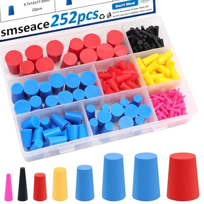smseace 252Pack Rubber Plug 1/16 Inch to 5/8 Inch Rubber Stoppers 8-Sizes High Temp Silicone Plug for Coating, Round Hole, Painting Protection - size: 252Pcs