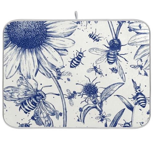 Ink Blue White Sunflower Bee Fall Dish Drying Mat for Kitchen Counter Drainer Rack Mats for Dishes Washable Absorbent Draining Heat Resistant Pad for Countertop 18x24 - color: 4th of July flag in Eagle Blue, size: 18" x 24"