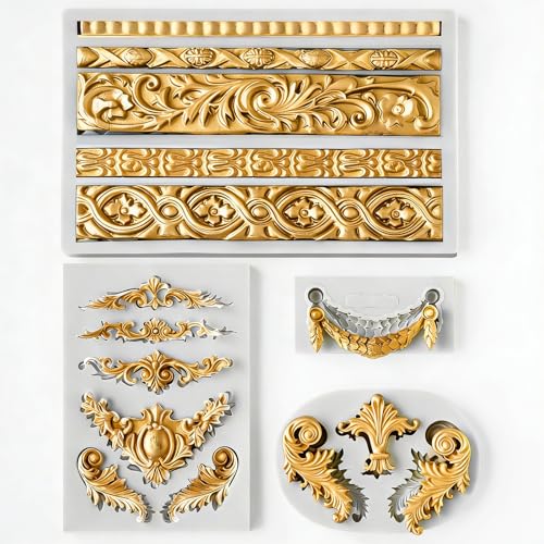 HKNMTT Baroque Style Silicone Molds Curlicues Scroll 3D Border for Clay Fondant Chocolate Sugar Craft Decor, Vintage Wedding Birthday Cake Cupcake Topper Decoration - style: Baroque Decor - 4PCS