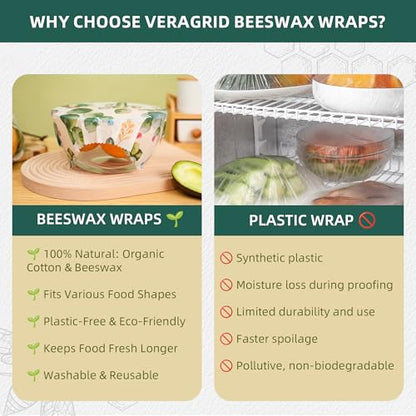 Cactus Beeswax Wraps, S/M/L 3 Pack Reusable Food Storage | Organic plastic-free sustainable wraps; For bread, sandwiches, cheese, fruit & bowl covering; Eco zero waste food storage