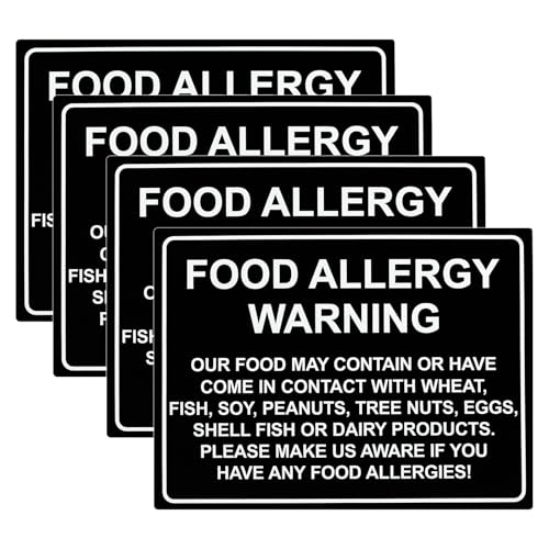 4 Pcs Food Allergy Warning Sign, Self Adhesive Waterproof Cottage Food Law Labels Stickers, Restaurant Cafe Bar Kitchen Safety Labels Stickers for Public Dining Areas (200x150mm)