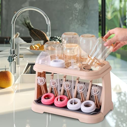 Baby Bottle Drying Rack with Brush & Dishwasher Basket - Space Saving Standing Drying Rack for Baby Bottles, Pump Parts & Accessories, Compact Organizer Holds Up to 8 Bottles (Pink Lotus Root) - color: （pink Lotus Root）