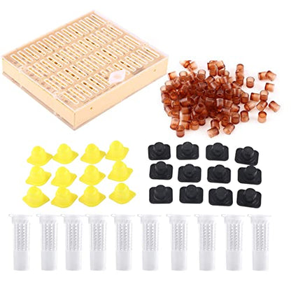 Oumefar Plastic Queen Rearing System Beekeeping Bee Grafting Kit, 110 Cell Cups 12 Cell Bar Blocks Caps 10 Hair Roller Cages 1 Box with Plastic Set for Laying Eggs