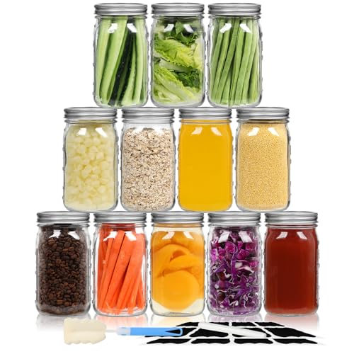 32 oz Wide Mouth Mason Jars 12 Pack, Airtight Lids with Bands | Clear glass, canning/preserving/jam/sauces/pickling, wedding favors/meal prep/DIY projects, reusable, quart size