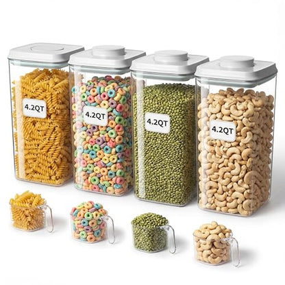 Large Pop Airtight Food Storage Containers Set with Lids 4.2Qt/4L Food Containers with Scoop, Kitchen Pantry Organization and Storage, BPA Free Stackable Cereal Container (4 * 4.2Qt) - color: gray, 4*4.2qt