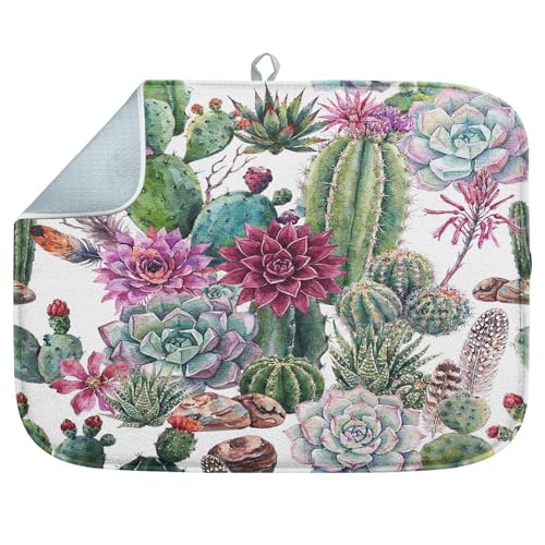 Sanwarm Absorbent Dish Drying Mat, Vintage Botanical Cactus Succulent Flower Microfiber Pad for Kitchen Counter, Coffee Bar Decor, Heat Resistant and Reversible, 16" x 18" - color: Cactus, size: 16" x 18"