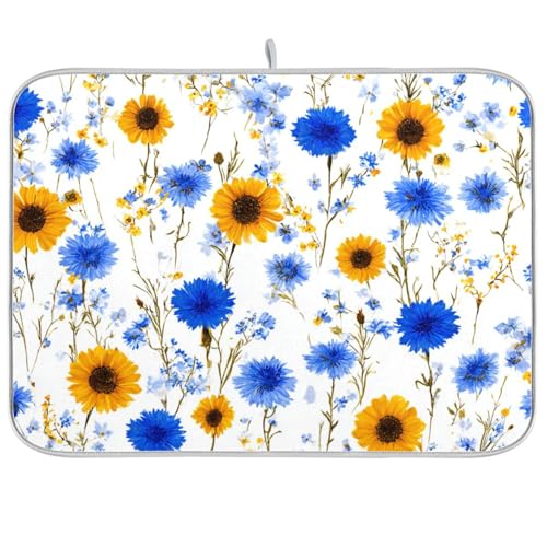 Blue Cornflower Sunflower Dish Drying Mat for Kitchen Counter Kitchen Drying Mat Dish Rack Mat Dish Drainer Pad Microfiber Absorbent Washable Drying Pad for Countertop 16 x 18 - color: Blue Cornflower Sunflower, size: 18'' x 24''