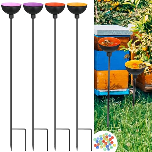 Lineshading 4 Pcs Bee Watering Station Butterfly Water Catcher Cups Small Insects Bee Feeders for Outside Feeding and Watering Metal Garden Stakes Garden Sculpture Decor - color: Bright