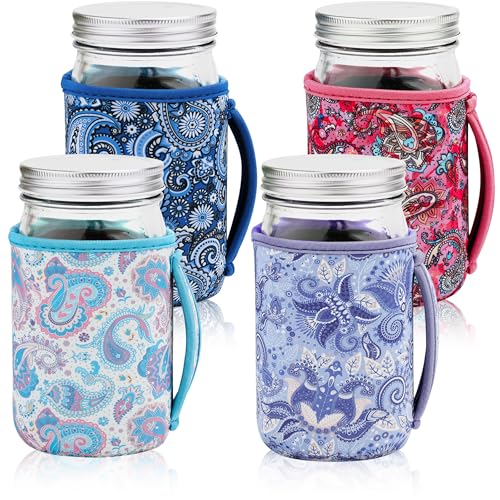 KJQJLY 4 Pcs Mason Jars Sleeves Neoprene 32oz Regular and Wide Mouth Mason Jar Sleeves Holder with Handle (Paisley, 32 OZ) - color: Paisley, size: 32 OZ