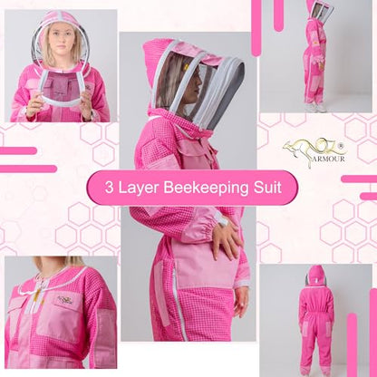 Pink 3 Layer Ventilated Bee Suit for Women | Sting Proof Beekeeping Suit with Fencing Veil, Gloves & Air Mesh Protective Gear (2XL) - size: XX-Large