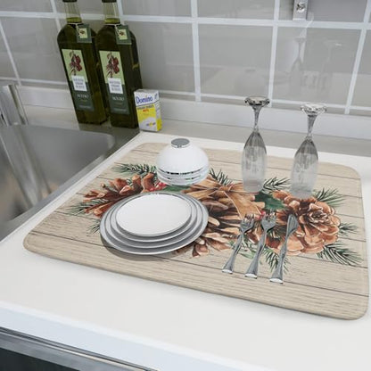 Winter Pine Cone Dish Drying Mat Holly Berries Dish Draining Mat Microfiber Washable Dish Drainer Rack Mat for Home Kitchen Counter 18"x24" - color: Winter Pine Cone, size: 18" x 18"
