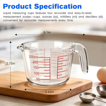 Glass Measuring Cup with V-Shaped Spout & Insulated Handle, 1 Cup(8oz) | 250ml Borosilicate Liquid Measure Cups with Heat Resistant, Microwave Safe, Clear, Easy Pour for Kitchen Baking and Cooking