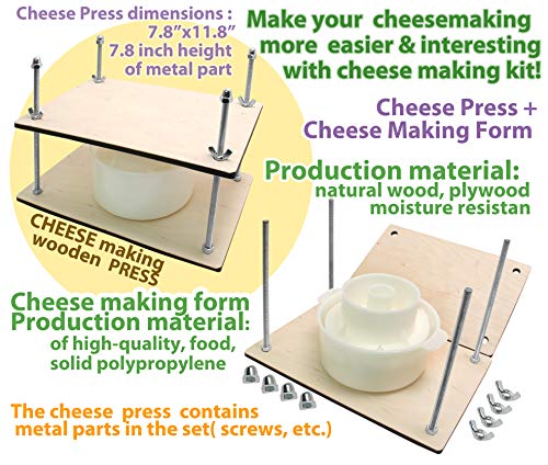 PetriStor Wooden Cheese Press for Cheese Making Supplies 12 in Metal Guides and Cheese Mold with Follower Piston 1.3Qt - Small Home Supply Cheese Press Machine - Prensa Para Queso Casero