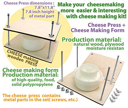 PetriStor Wooden Cheese Press for Cheese Making Supplies 12 in Metal Guides and Cheese Mold with Follower Piston 1.3Qt - Small Home Supply Cheese Press Machine - Prensa Para Queso Casero