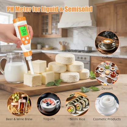 Food pH Meter Digital pH Tester for Food Fermentation Canning Cooking – Accurate pH Meter for Sourdough Bread, Cheese, Hot Sauce, Yogurt – Smart Water Resistant Food