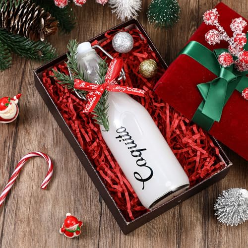 Sieral 12 Pack Christmas Coquito Bottle 8oz Clear Glass Flip Swing Top Beer Brewing Bottles with Ribbon and Artificial Branches for Liquids Wine Christmas Party Xmas Gifts - style: Coquito