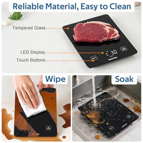 Waterproof Kitchen Food Scale, 1g/22lb, IP67, Rechargeable, Black | Premium Tempered Glass, Clear LED Display, with 6 Units, Tare, Ideal for Baking, Cooking, Making Sourdough Bread