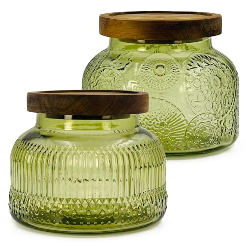 Decorative Green Glass Jar with Airtight Wooden Lid 25.4 oz 2 pc, Wide Mouth Vintage Kitchen Food Storage Containers for Cookie Candy Honey Flour Spice Coffee Tea, Home Decor Sand Candle Holder Vase - size: 25.4 Ounces, style: Green 2pc