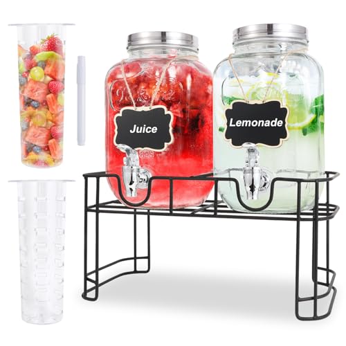 1 Gallon Glass Drink Dispensers For Parties-Set of 2,Drink Dispenser with Fruit Infuser & Stand,Juice or Beverage Dispenser for BBQ, Picnic, Party,Laundry Detergent Dispenser - size: 1 Gallon Double With Stand