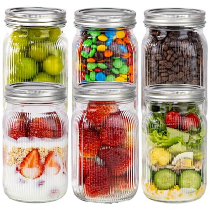 WELLIFE 6 Pcs Wide Mouth Mason Jars 32 OZ,Large Mason Jars for Food Storage, Overnight Oats,Honey,Sauces,Meal Prep,Salad,Yogurt - color: Clear Stripe Mason Jars 32oz-6Pcs