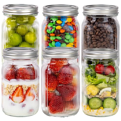 WELLIFE 6 Pcs Wide Mouth Mason Jars 32 OZ,Large Mason Jars for Food Storage, Overnight Oats,Honey,Sauces,Meal Prep,Salad,Yogurt - color: Clear Stripe Mason Jars 32oz-6Pcs