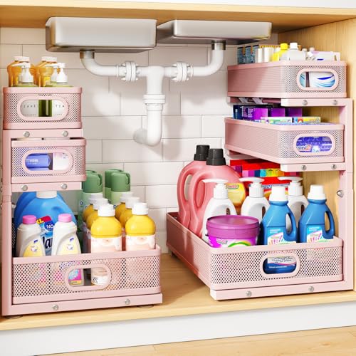 HERJOY Under Sink Organizer, 2-Pack 3-Tier Pull Out Height Adjustable Pink | 35% Extra Storage Capacity, Carbon Steel, Hold Up 55lbs, Suction Cups and Nano Adhesive, Fit for Kitchen, Bathroom and Pantry - color: Pink, size: 2-Pack
