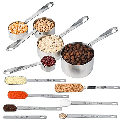 Stainless Steel Measuring Cups and Spoons Set of 12, 5 Dry Measuring Cups and 6 Measuring Spoons With Leveler for Kitchen
