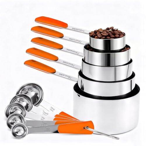 Bopei Measuring Cups and Spoons Set Stainless Steel 10 Piece for Cooking and Baking (5 Cups + 5 Spoons, Orange Handle) - color: Orange