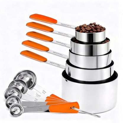Bopei Measuring Cups and Spoons Set Stainless Steel 10 Piece for Cooking and Baking (5 Cups + 5 Spoons, Orange Handle) - color: Orange