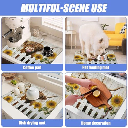 Sunflower Highland Cow Dish Drying Mat for Kitchen Counter Drying Pad Absorbent Reversible Dish Drainer Rack Mats Draining Pad 18"x24"Inch