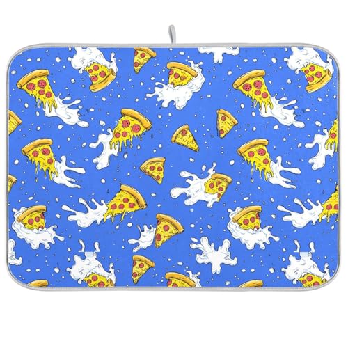 Dish Drying Mat for Kitchen Counter White Milk Cheese Pizza Blue Absorbent Drying Dish Mat 16×18 inch Dish Rack Pad Coffee Mat for Sink Dishes Under Rack - color: multicolored.14, size: 16x18in