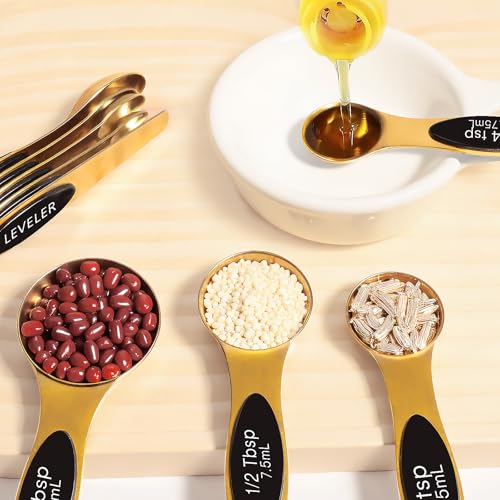 13pcs Gold Stainless Steel Measuring Cups and Spoons Set, Including 8 Double-Sided Magnetic Measuring Spoons Set & 1 Leveler, 4 Metal Measuring Cups, Kitchen Accessroies for Cooking & Baking - color: Gold