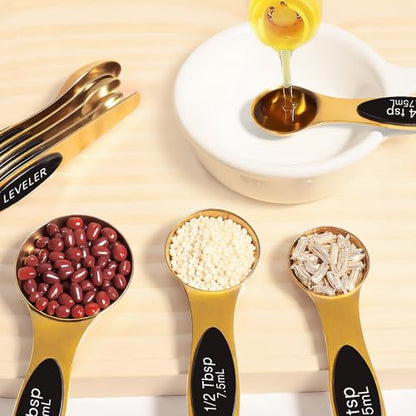 13pcs Gold Stainless Steel Measuring Cups and Spoons Set, Including 8 Double-Sided Magnetic Measuring Spoons Set & 1 Leveler, 4 Metal Measuring Cups, Kitchen Accessroies for Cooking & Baking - color: Gold