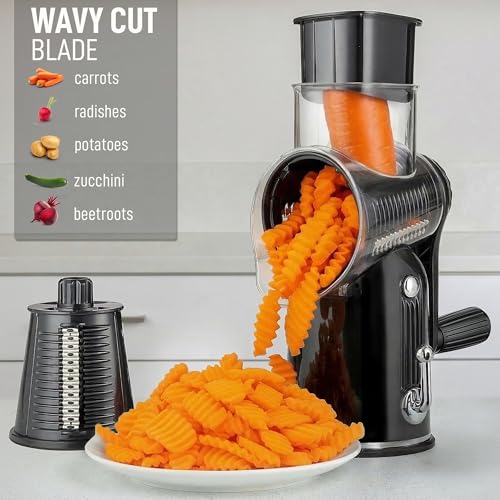 Zulay Kitchen Rotary Cheese Grater 5 Blade Cheese Shredder - Manual Hand Crank Cheese Grater With Reinforced Suction & 5 Interchangeable Drums - Easy to Use, Vegetable Chopper Round Mandoline Slicer - color: Classic | Black